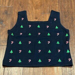 Large ERIN MATTHEWS Festive Black Crop Top with Holiday Embroidery